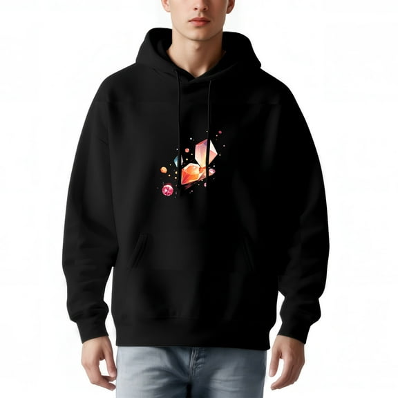 Men's Long Sleeve Hoodie Pullover Sweatshirt with Pockets - Colorful Gem Graphic Design on Black Stylish & Comfortable
