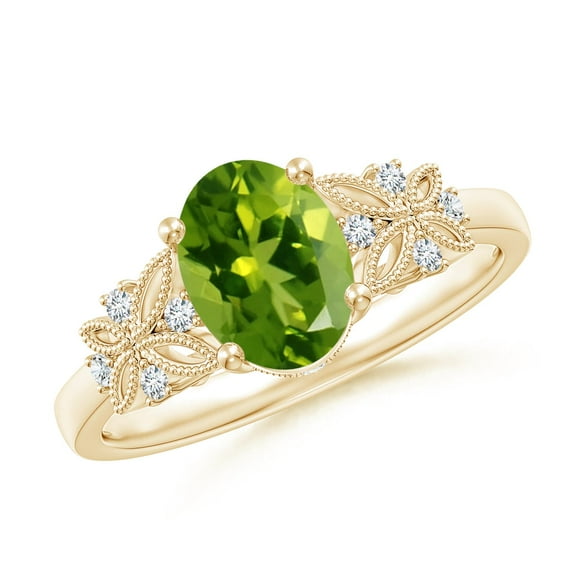 ANGARA Natural Vintage Style Oval 1.35 ct Peridot Ring with Diamonds in 14K Yellow Gold for Women (Size-8x6mm) | August Birthstone, Anniversary, Jewelry Gift for Women | Natural Peridot Ring