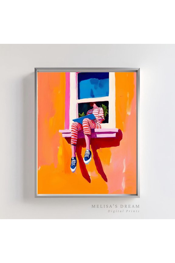 Colorful Window Art Woman Reading in Pajamas Home Decor, Stretched Canvas 16x20in