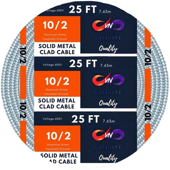 MC Cable 10/2 - Metal Clad - Aluminium Armor Stranded Copper Conductor - Cable for Indoor (25 Ft)
