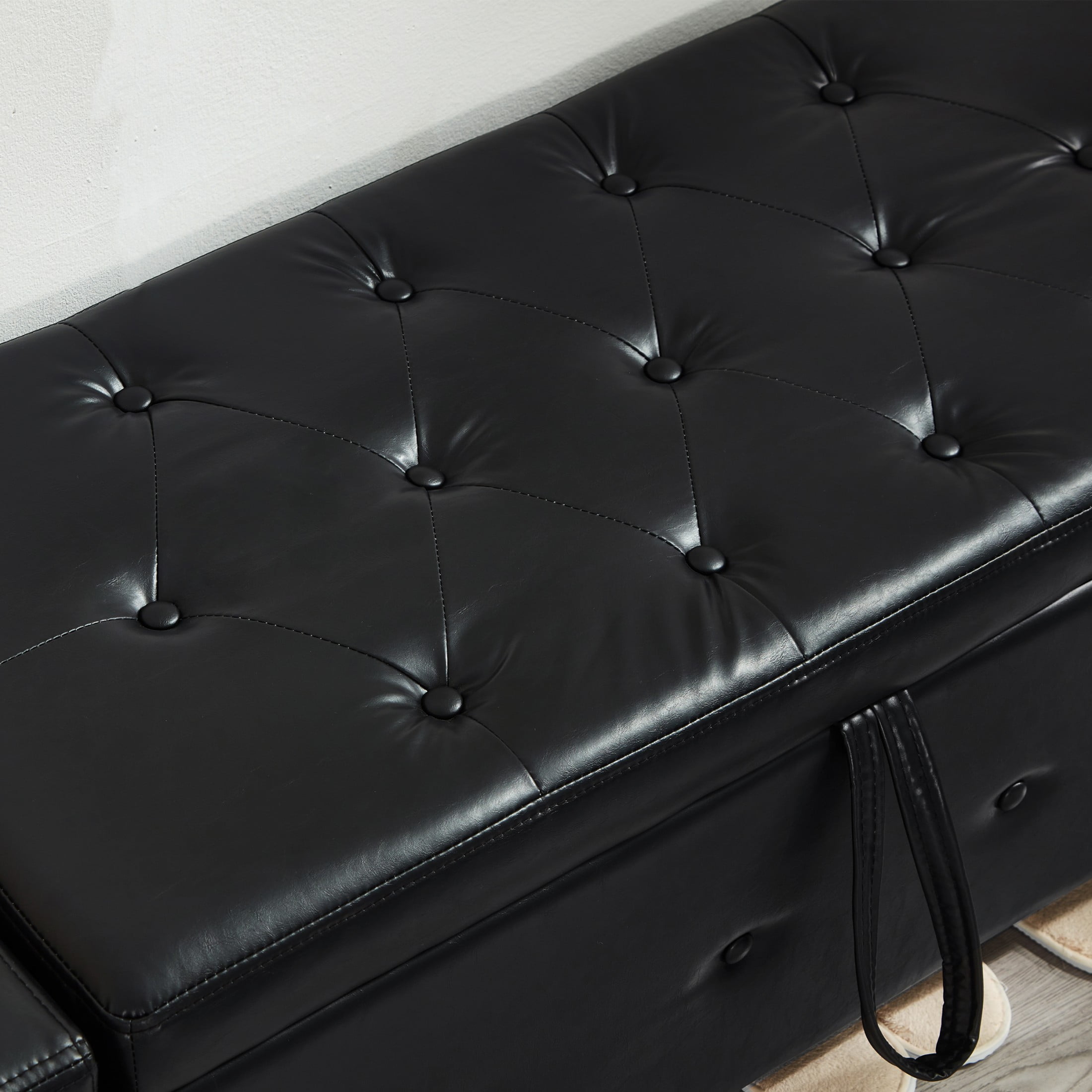 Aukfa 48" Storage Ottoman Bench with Safety Hinges, Upholstered Tufted Faux Leather Bench for Bedroom, Living Room & Entryway, Black