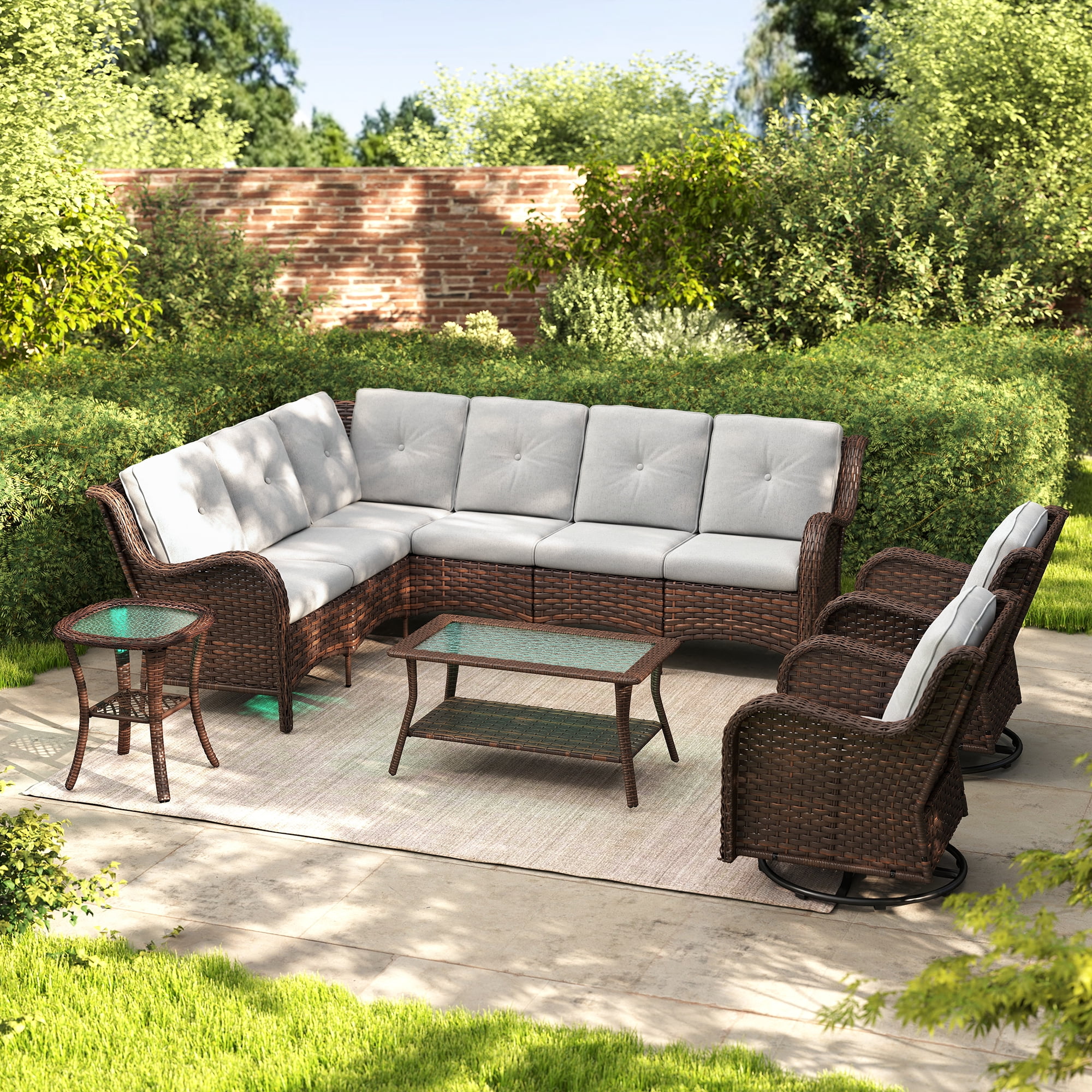 Baner Garden 10 Pieces Outdoor Patio Furniture All-Weather Wicker Sectional Conversation Set with 2 Swivel Chairs & 2 Coffee Tables