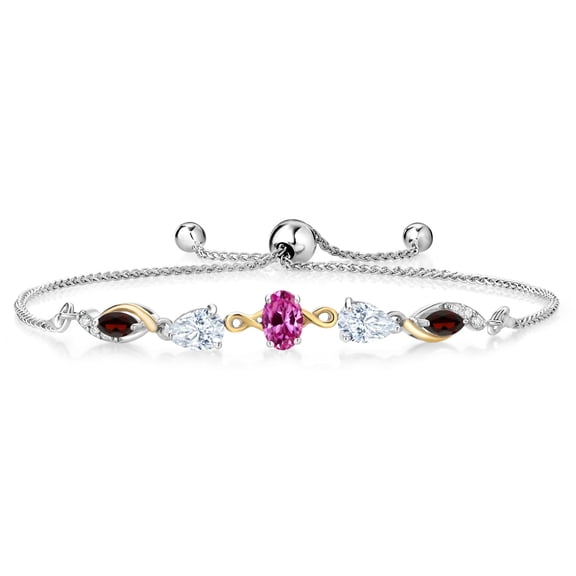 Gem Stone King 925 Silver and 10K Yellow Gold Pink Created Sapphire White Moissanite Red Garnet and Lab Grown Diamond Tennis Bracelet for Women By Keren Hanan (1.66 cttw, Adjustable up To 9 inch)