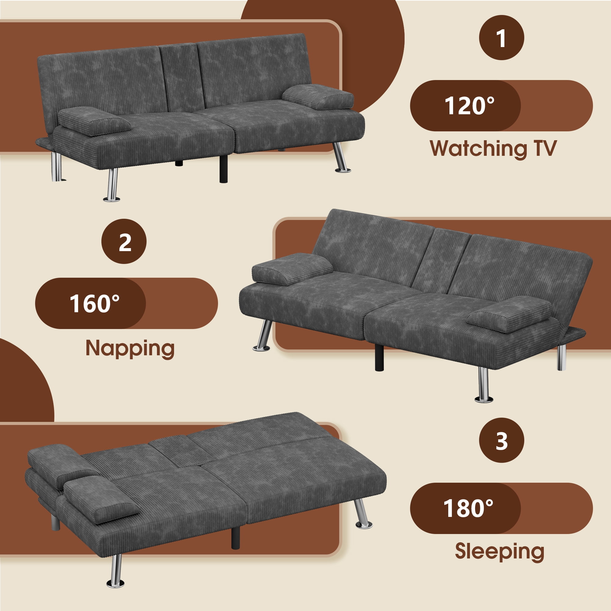 Homall Futon Sofa Bed with Armrests and Cup Holders,Adjustable Backrest Angles,Convertible bed,Gray
