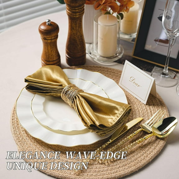 120PCS Ivory White Plastic Plates, Heavy Duty Disposable Party Plate with Gold Rim, Fancy 60 Dinner & 60 Dessert Plates for Parties and Wedding