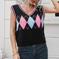 thumbnail image 4 of TANGNADE Women Short Vest with Stripe Knit Uniform Sleeveless Sweater for Womens Knitted V Neck Diamond Plaid Crop Tank Tops Pink S, 4 of 5