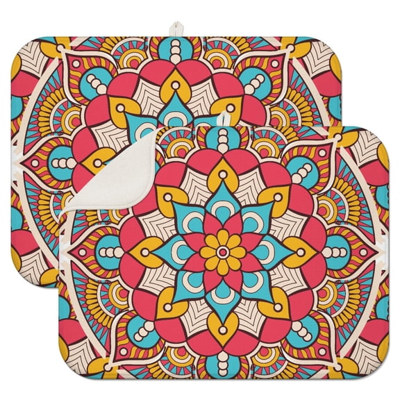 Ethnic Mandala Coffee Mat with Artistic Vintage Floral and Retro Pattern – Fast Drying Microfiber Spill Mat, Reversible Dish Drying Pad for Kitchen and Coffee Bars