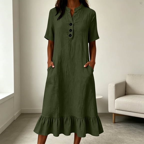 ClodeEU Women's Linen Blend V Neck Half Sleeve Dress with Ruffle Hem,Solid Color Casual Midi Dress with Pockets Army Green,Women's Plus L