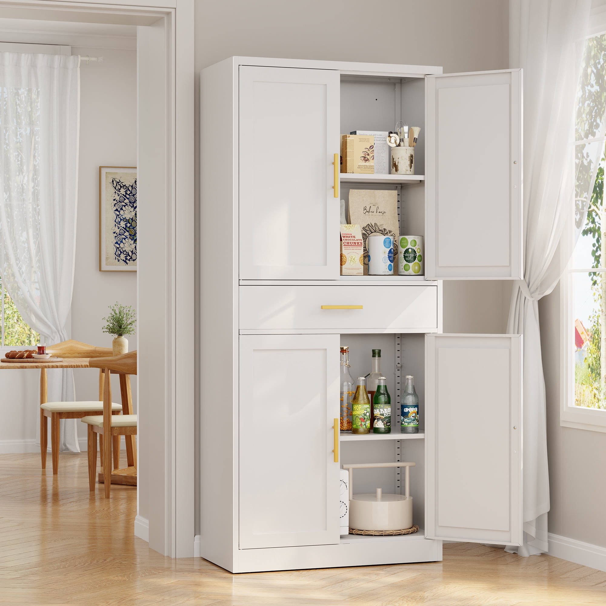 Metal Kitchen Pantry Cabinet, 71" Tall Cabinet with 1 Drawer, Doors and 2 Adjustable Shelves, Pantry Cabinets for Kitchen Storage, Metal Storage Cabinet for Kitchen, Dining Room-White