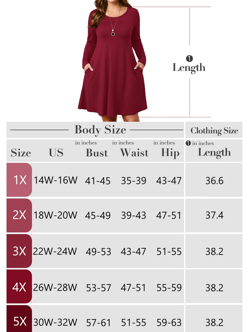 Showmall Women's Plus Size Long Sleeve Swing Dress with Pockets, Black 4X Crew Neck A-Line, Soft Stretch, Knee Length Midi Dress for Spring/Fall/