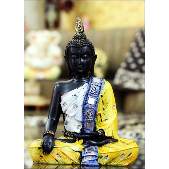 Handcrafted Decorative Meditating Polyresin Buddha Idol | Yellow, Silver & Black