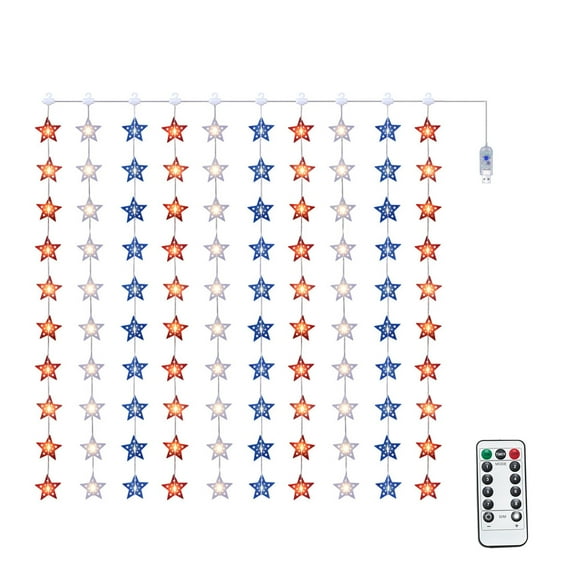 SLYNSHome 4th of July Decorations Red White Blue String Lights with 100 Led Big Stars,Independence Day 8 Lighting Modes for Indoor Outdoor Home Garden Patriotic Theme Memorial Day Decor