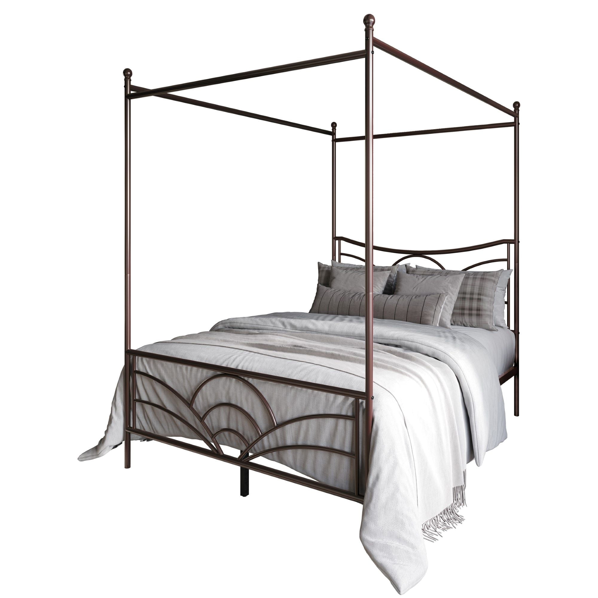 Home Design Denver Full Metal Canopy Bed Frame with Arched Headboard, Center Support Leg, Brown, Easy Assembly