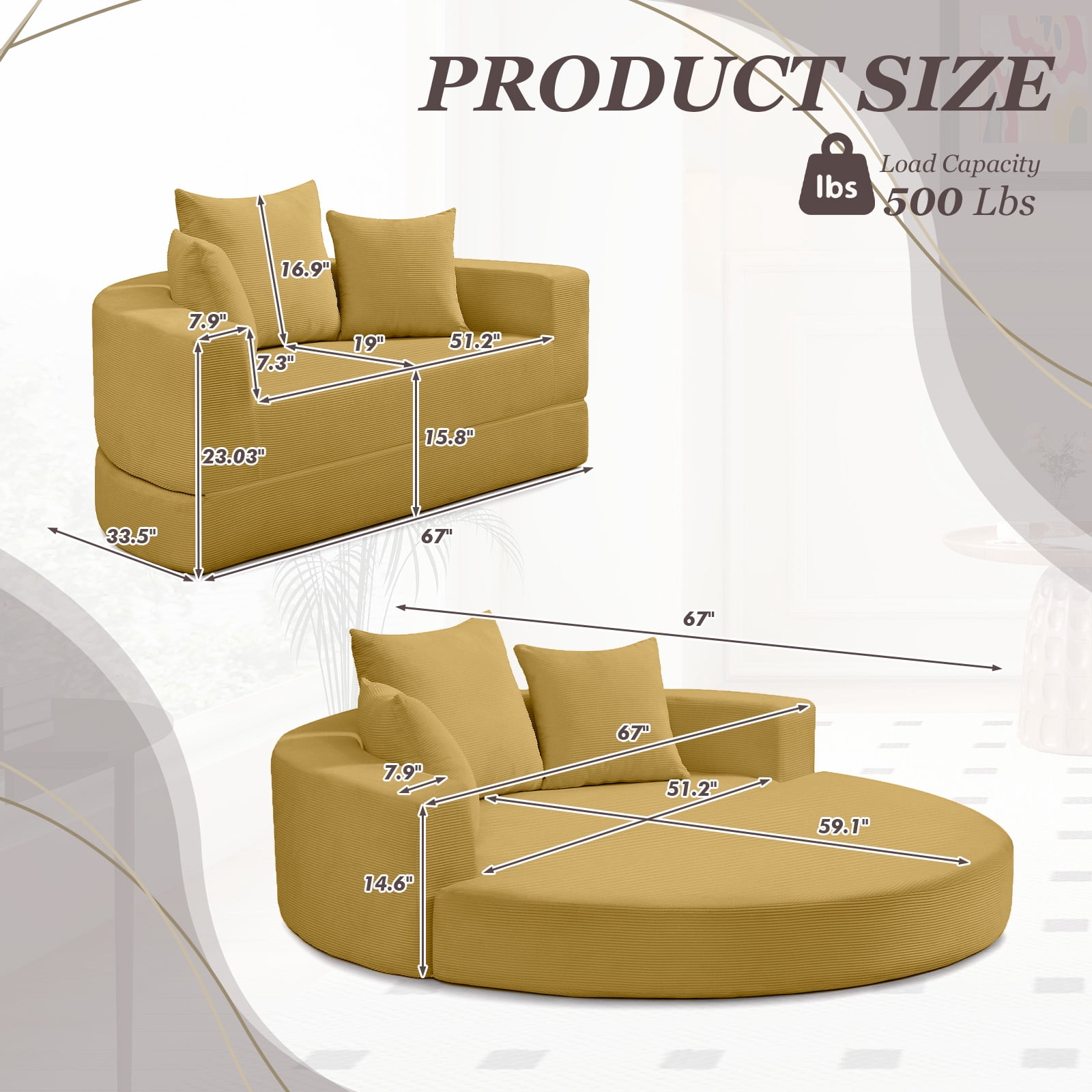 MOONMISS Convertible Sofa Couch Bed,Multi-Functional,Circular Bed,Adjustable Futon Sofa For Apartment Office Bedroom Living Room,Yellow