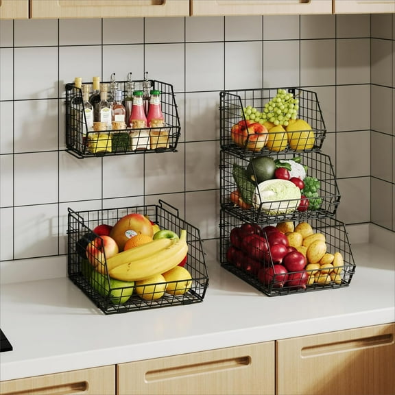 3 Tier Stackable Wire Basket for Storage,x-Cosrack Wall-Mounted & Countertop Fruit Vegetable Basket for Kitchen,Metal Pantry Organizer for Potato Onion Snack Canned Food Storage
