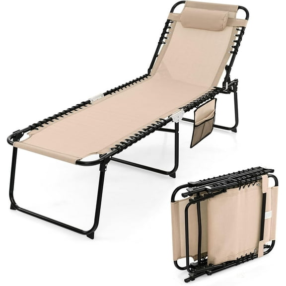 ZOPan Folding Chaise Lounge Chair, Sun Tanning Chair with Adjustable Reclining Back, Outdoor Recliner Chair for Pool, Beach, Patio, Lawn (Beige with Pocket)