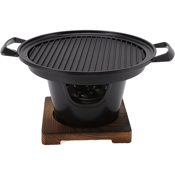 Charcoal Grill, 10.2in Portable Charcoal Grill Japanese Hibachi Grill with Wooden Base, Portable Grill Smokeless Cast Iron Hibachi Grill Grill Tabletop Grill