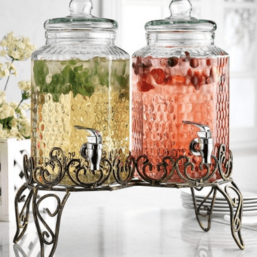 Glass Beverage Dispenser with Elegant Stand (Set of 2), 1 Gallon Glass Drink Dispenser with Stand & Spigot, Party Drink Dispenser for Lemonade,  Water, Juice Dispensers for Parties