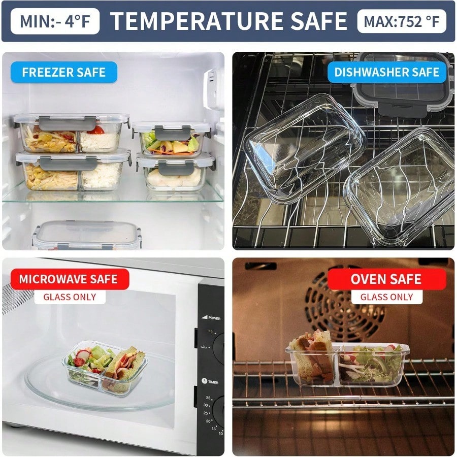 2 3 Compartment Meal Prep Containers Glass Food Storage Lunch Containers with Lids Bento Box Portion Control Freezer to Microwave Safe