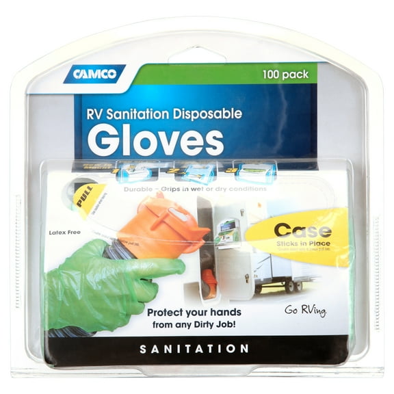 Camco Durable All Purpose RV and Camper Disposable Sanitation Gloves | Ideal in Wet or Dry Conditions | Green Non-Latex Gloves | 100 Pack (40285)