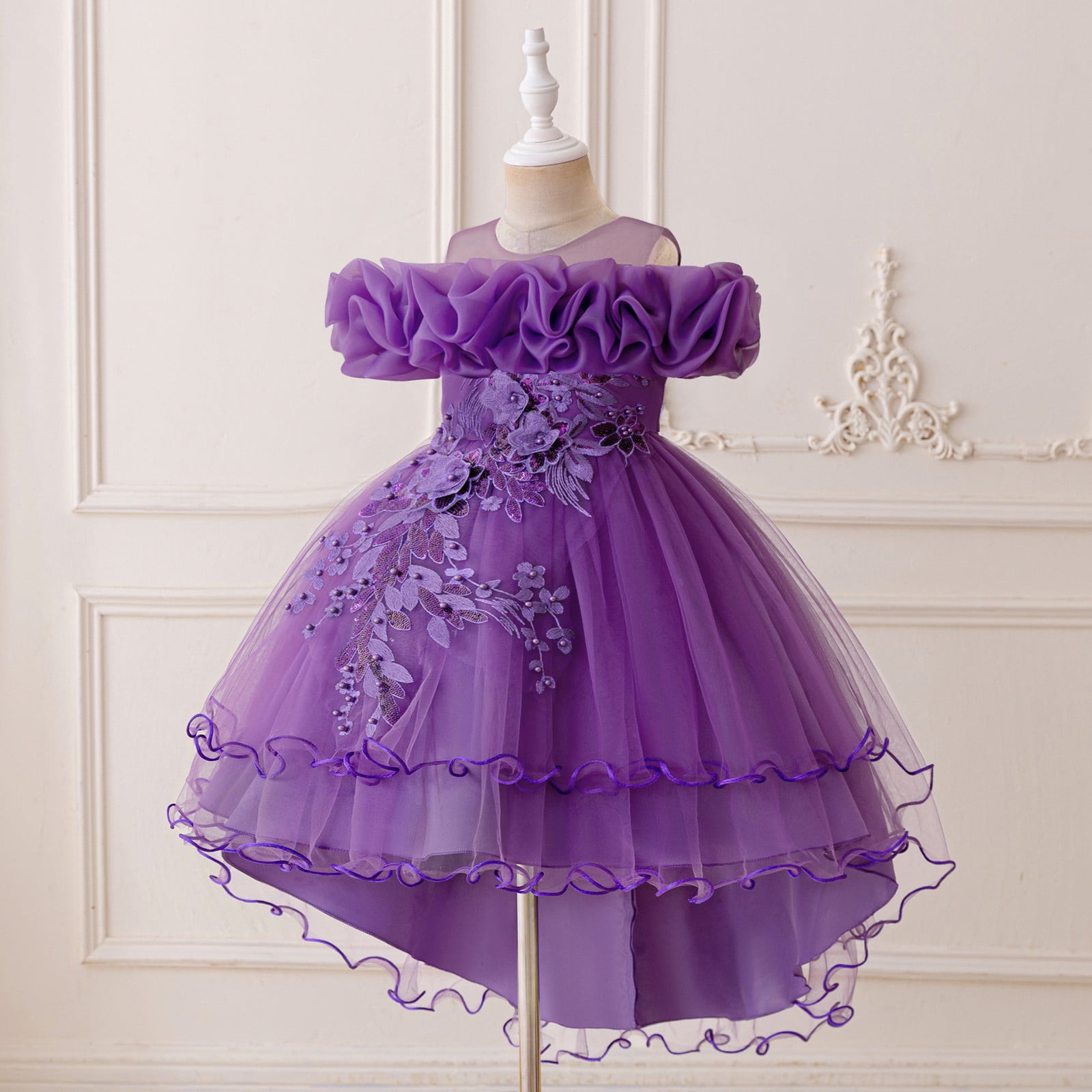 Dress for Girls Satin Girl Dress with Puffed Sleeves for Birthday Party Christening