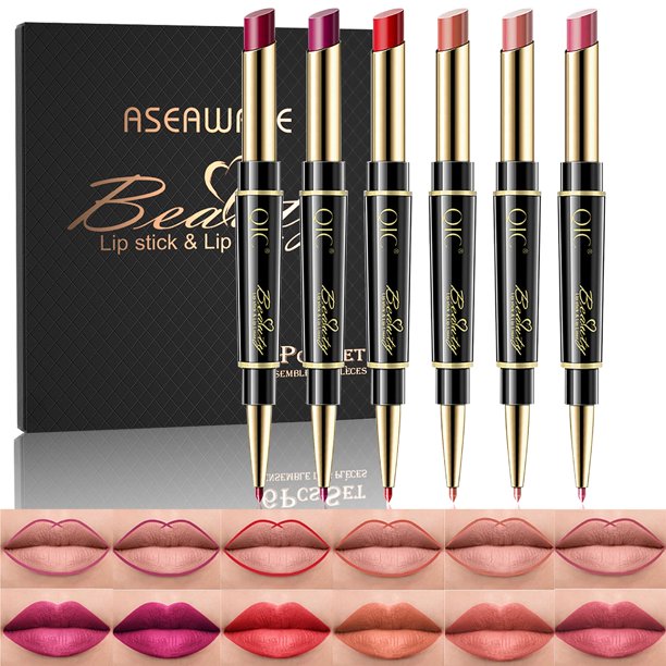 Juego de maquillaje de delineador de labios y lápiz labial 6 piezas 2 en 1 Juego de lápiz labial de doble cabeza Juego de regalo de lápiz labial mate resistente al agua de larga duración para DailyTra