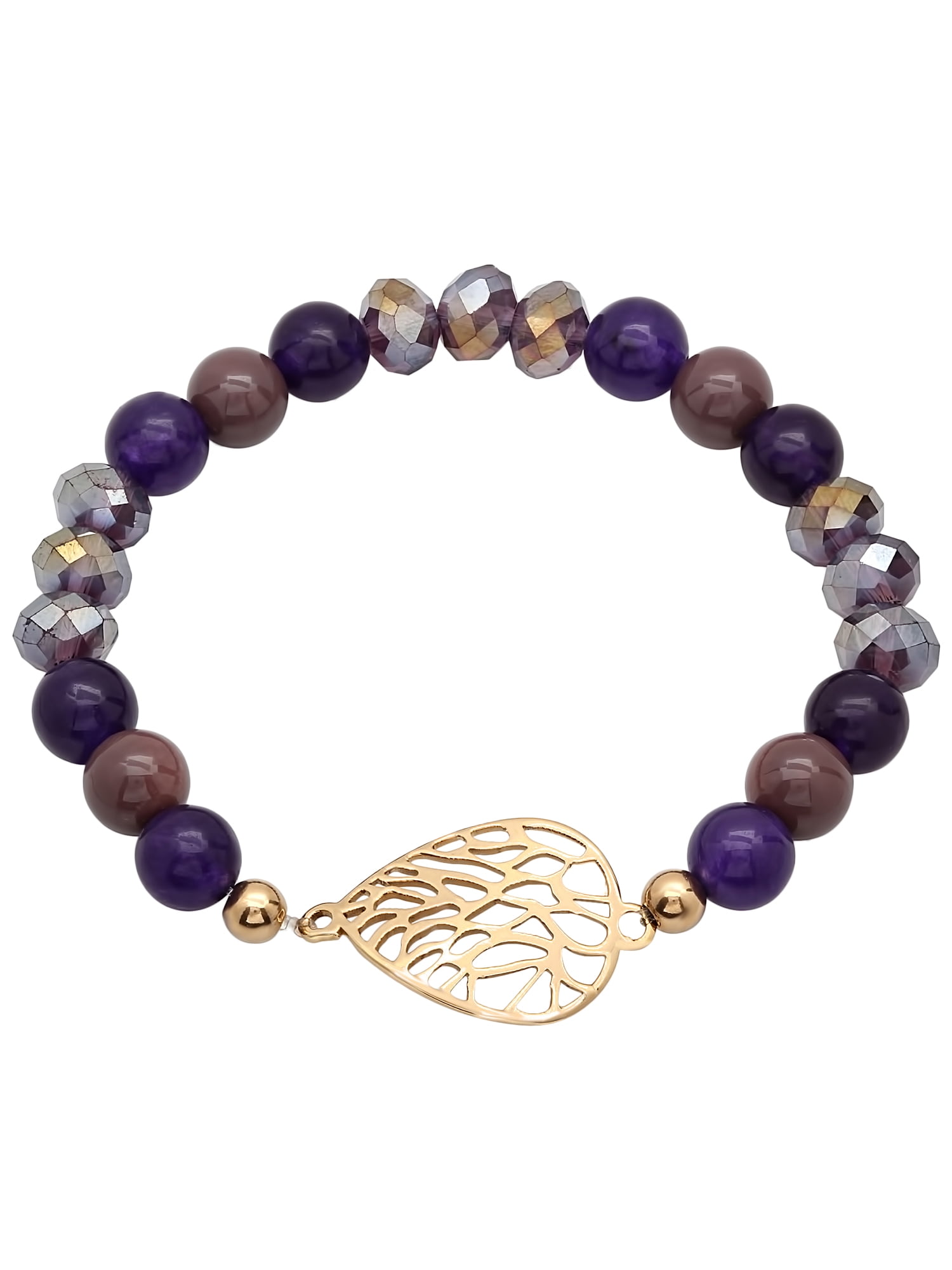 Womens Stainless Steel and Purple Glass Bead Leaf Bracelet