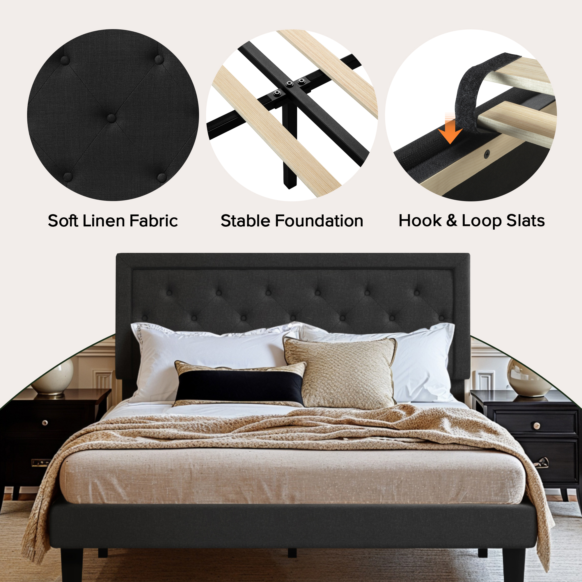 Amolife Queen Bed Frame with Adjustable Headboard, Fabric Upholstered Platform Bed, No Box Spring Required, Black