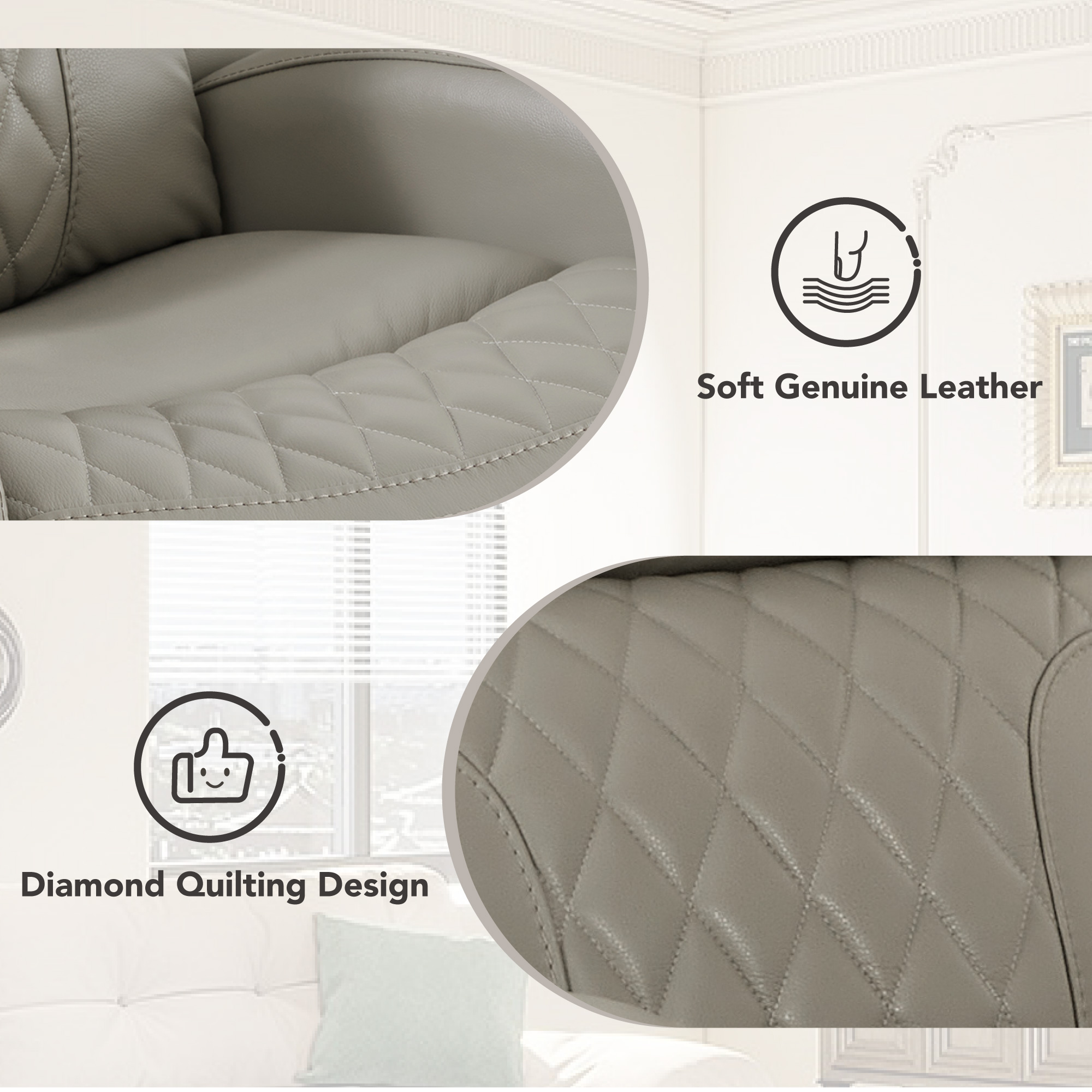Spruce & Spring Leather Dual-Motor Lay Flat Recliner with Diamond Quilting, Light Gray