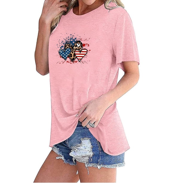 Fiudx Ropa de Mujer Camiseta Básica de Verano de Manga Corta Informal para Mujer, Blusa con Estampado Del Día de La Independencia, Cuello Redondo