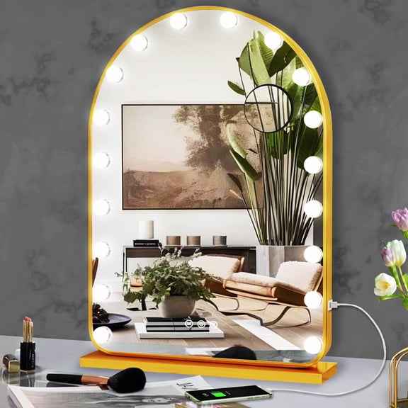 Arch Gold Hollywood Large Putting Lighted Up Mirror for Bedroom Makeup Desk Table Wall Detachable Base Stand X10 Magnifying Dimmable Smart Touch Con