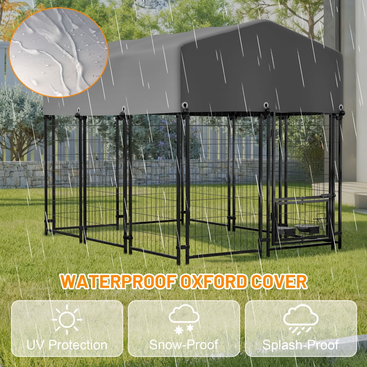 Dog Kennel Outdoor with Roof 4.23x5.82x4.83 FT Heavy Duty Welded Wire Dog Crate with Waterproof UV Resistant Cover Double Lock and Rotating Feeder Grey