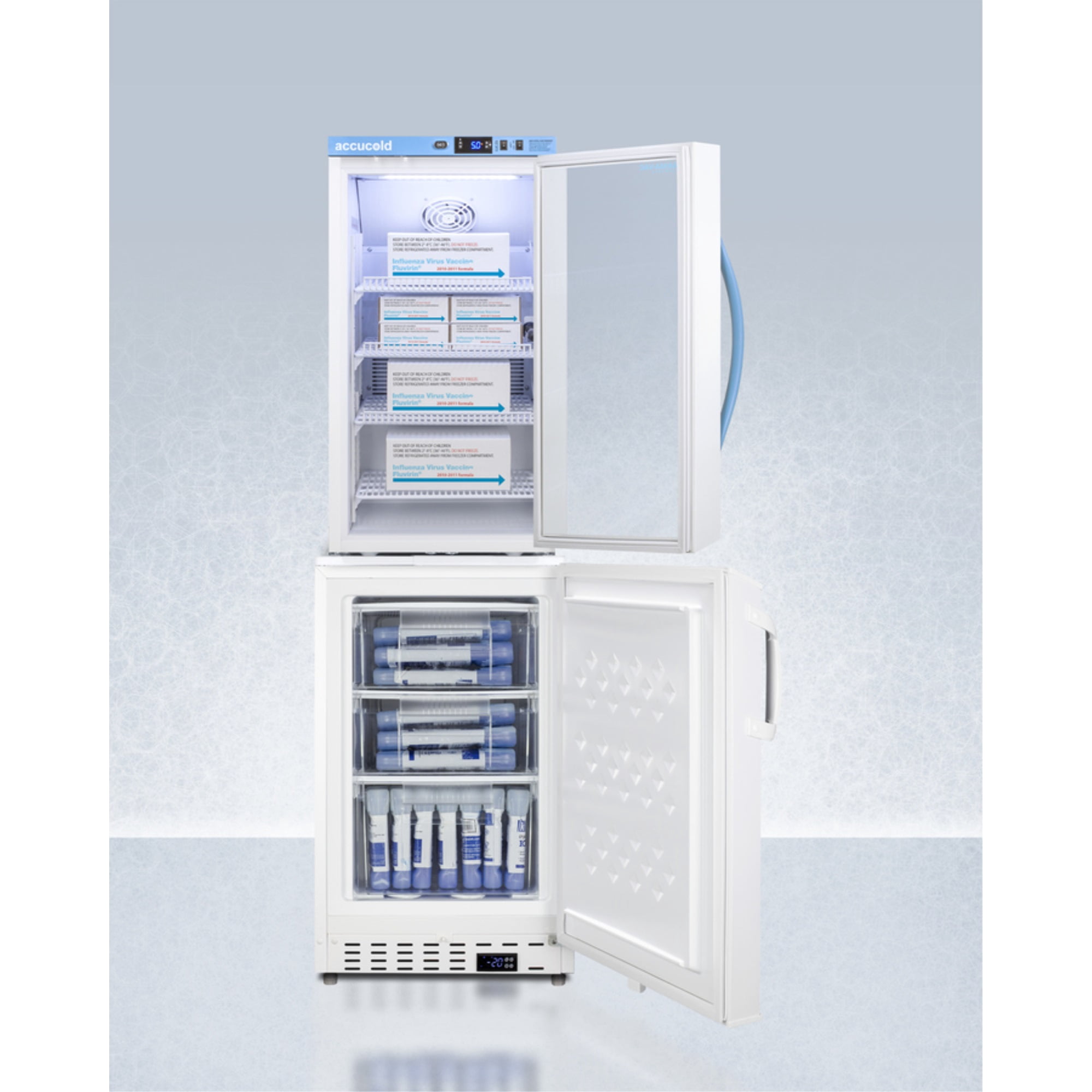 Stacked vaccine refrigerator-freezer combination