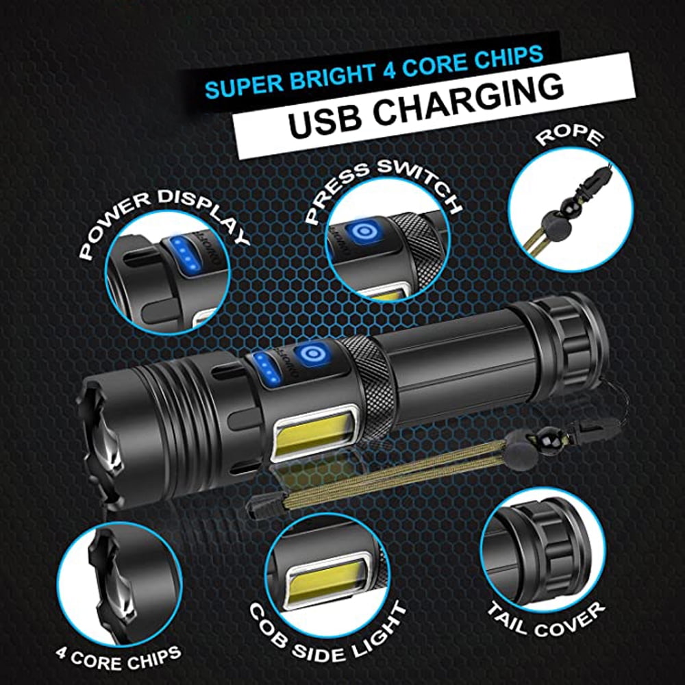 90000 Lumens Powerful Flashlight, Rechargeable Waterproof Searchlight Super Bright Handheld Led Flashlight with USB Zoom Torch for Emergency Hiking Hunting Camping