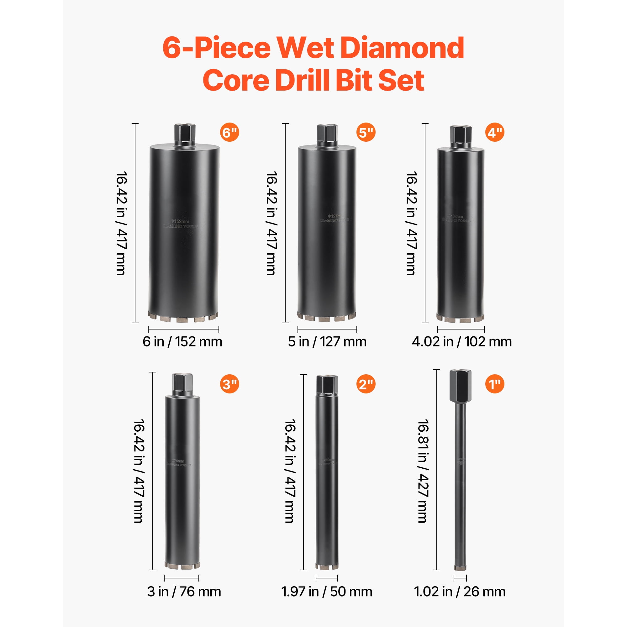 KFFKFF Set of 6 Diamond Core Drill Bits, Diameters: 1/2/3/4/5/6 inches, 14-inch Drilling Depth, 1-1/4 in-7 Internal Thread, Designed for Wet Drilling in Reinforced Concrete, Brick