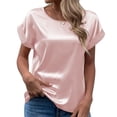 thumbnail image 3 of Short Sleeve Blouse Round Neck Pure Color Casual Comfortable Breathable Skin Friendly Top for Women Pink M, 3 of 6