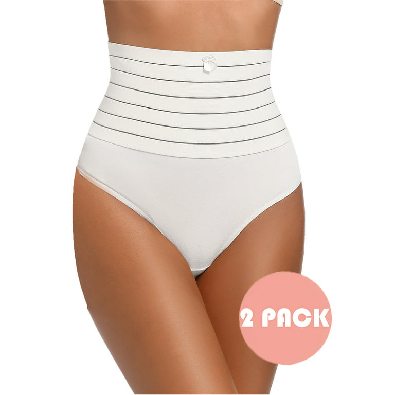 Women High Waist Body Shaper Firm Control Shapewear Thong Panty, White, M/L