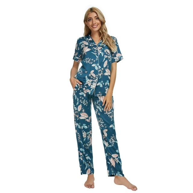 MintLimit Womens Silk Satin Pajamas Set Short Sleeve Loungewear Two-Piece Sleepwear Button-Down Pj Set L