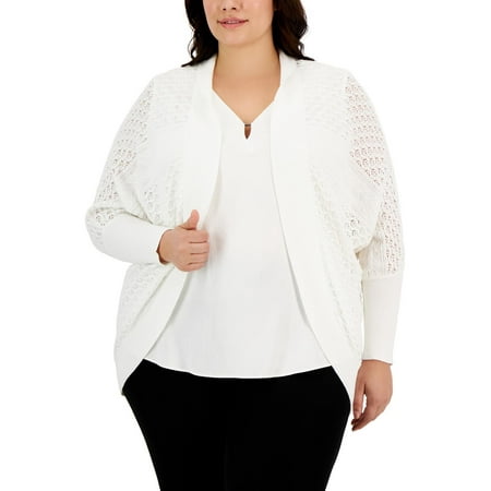 Anne Klein Womens Plus Ribbed Trim Knit Cardigan Sweater