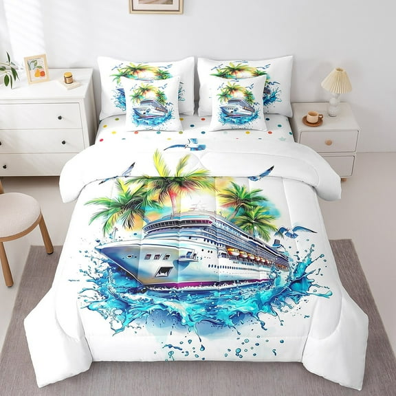 Erosebridal Nautical Boat Bedding Sets Twin Size,Palm Tree Comforter Sets with Sheets,Ocean Theme Bed in a Bag Twin size,Microfiber Botanical Bedroom Decorative,Reversible,7pcs
