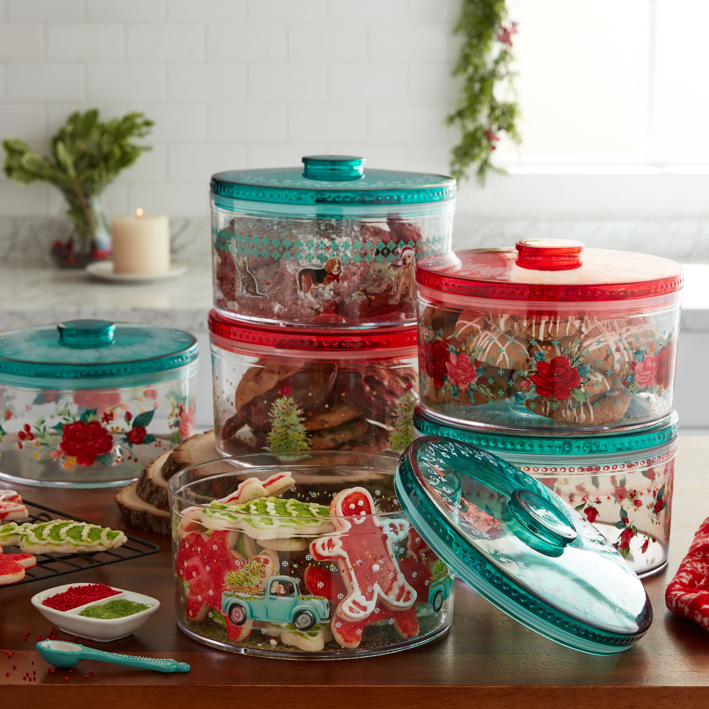 The Pioneer Woman 2pk Treat Container -Cheerful Rose and Dogs & Cats