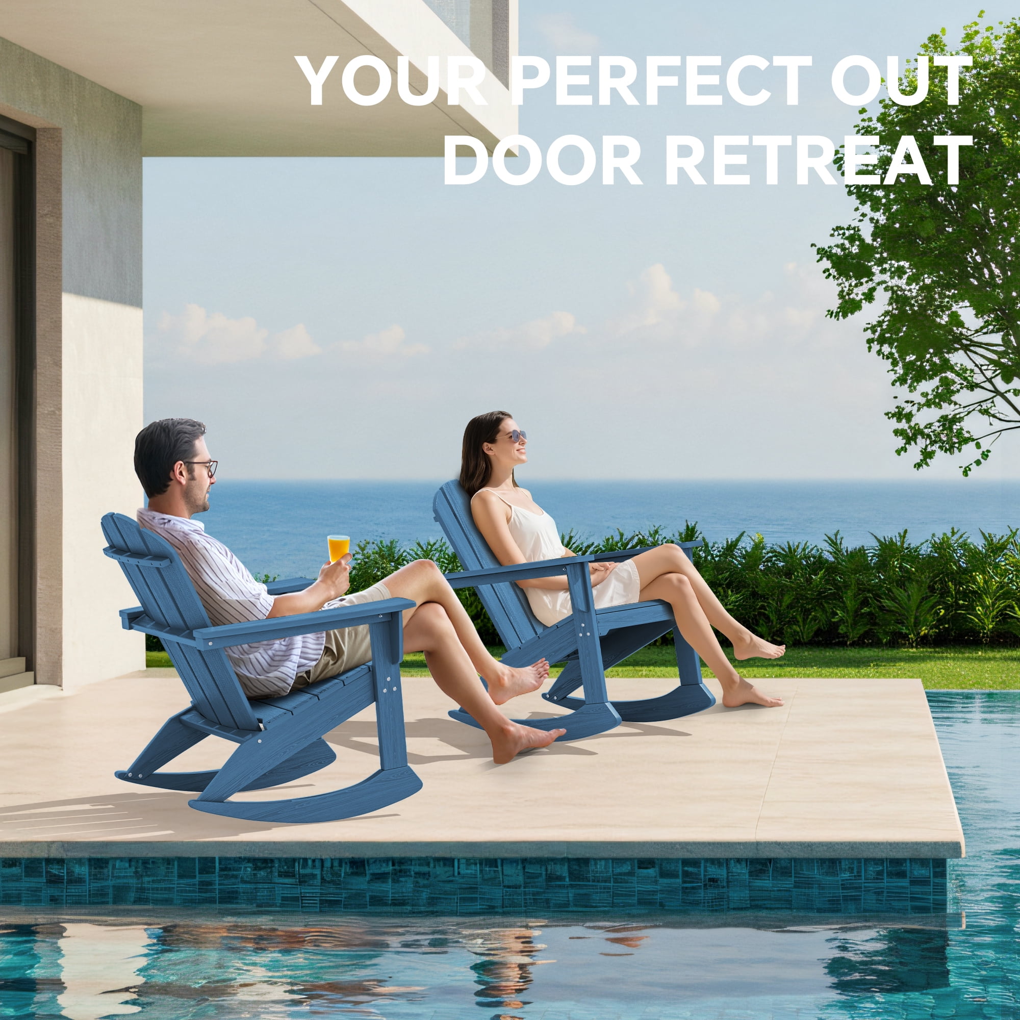 SERWALL Rocking Adirondack Chair, HDPE Outdoor Rocking Chair, All Weather Porch Rocking Chair for Patio, Blue