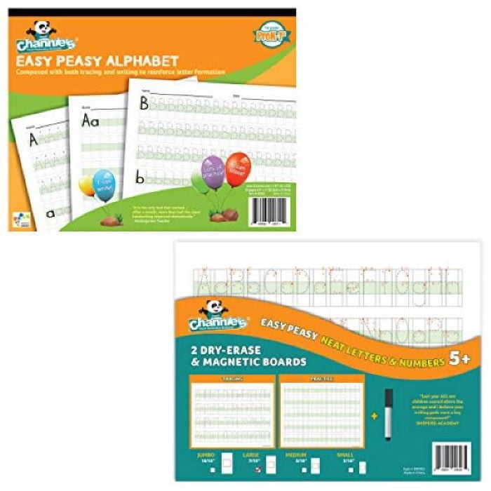 Channie's Easy Peasy Alphabet Handwriting Workbook & Visual Dry Erase Alphabet & Number Board 2 Pack