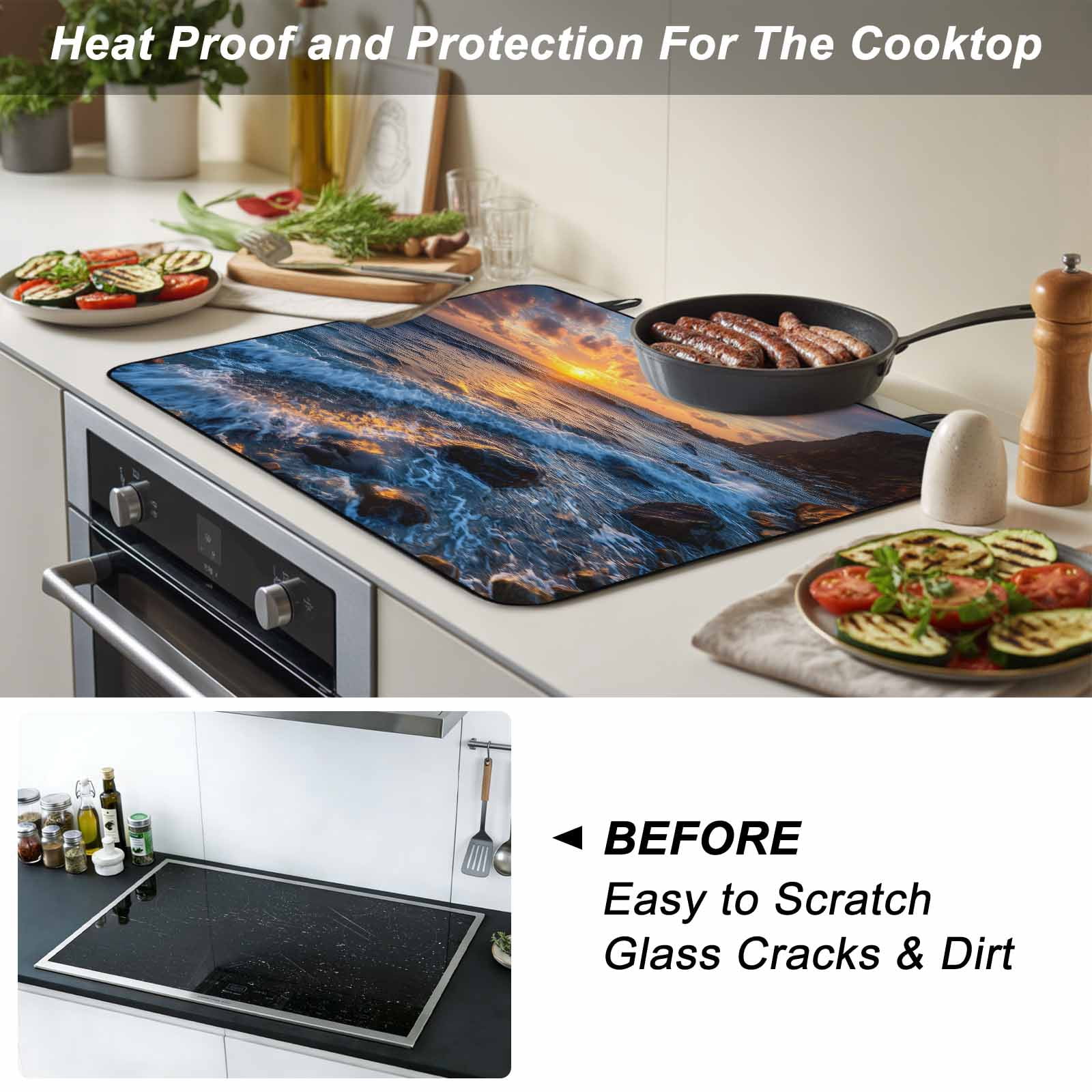 Beach Reef Stove Top Cover for Electric Stove, Heat-proof & Non Slip Glass Top Stove Cover Protector, Beach Sunset Ocean Waves Natural Scenery Kitchen Flat Cooktop Rubber Mat 24x21 Inches