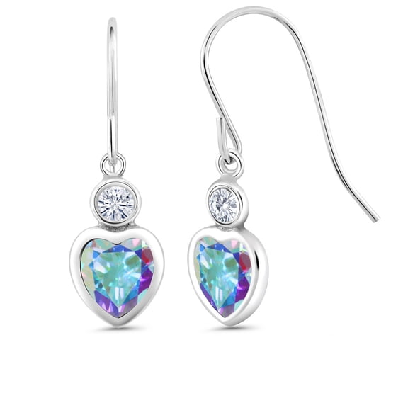 Gem Stone King 925 Sterling Silver Mercury Mist Mystic Topaz and White Moissanite French Wire Dangle Hook Earrings for Women (2.20 Cttw, Gemstone Birthstone, Heart Shape 6MM)