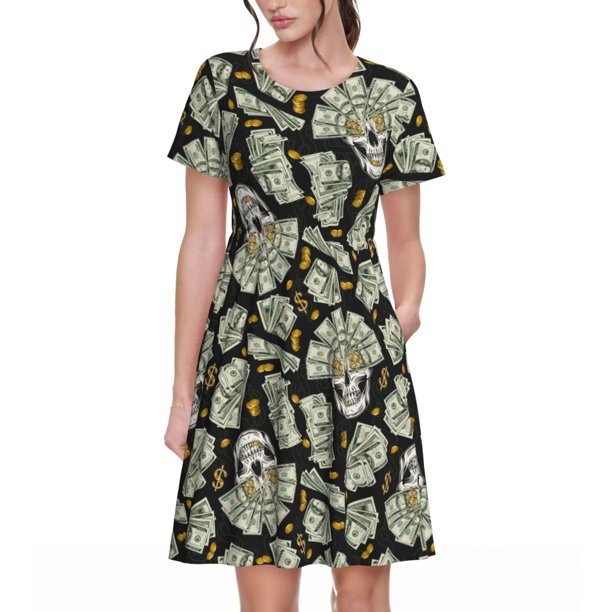 Easygdp Skull with Dollar para Vestido Transpirable de Mujer, Vestido Suelto de Manga Corta con Pliegues y Bolsillos para el Verano