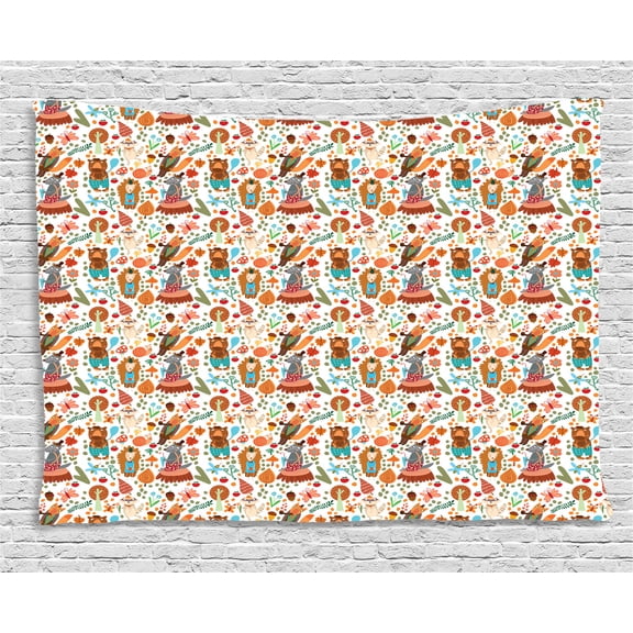 Colorful Tapestry, Forest Animals and Foliage Pattern with Fox Wolf Snail and Mosquito Cartoon Jungle, Wall Hanging for Bedroom Living Room Dorm Decor, 60W X 40L Inches, Multicolor, by Ambesonne