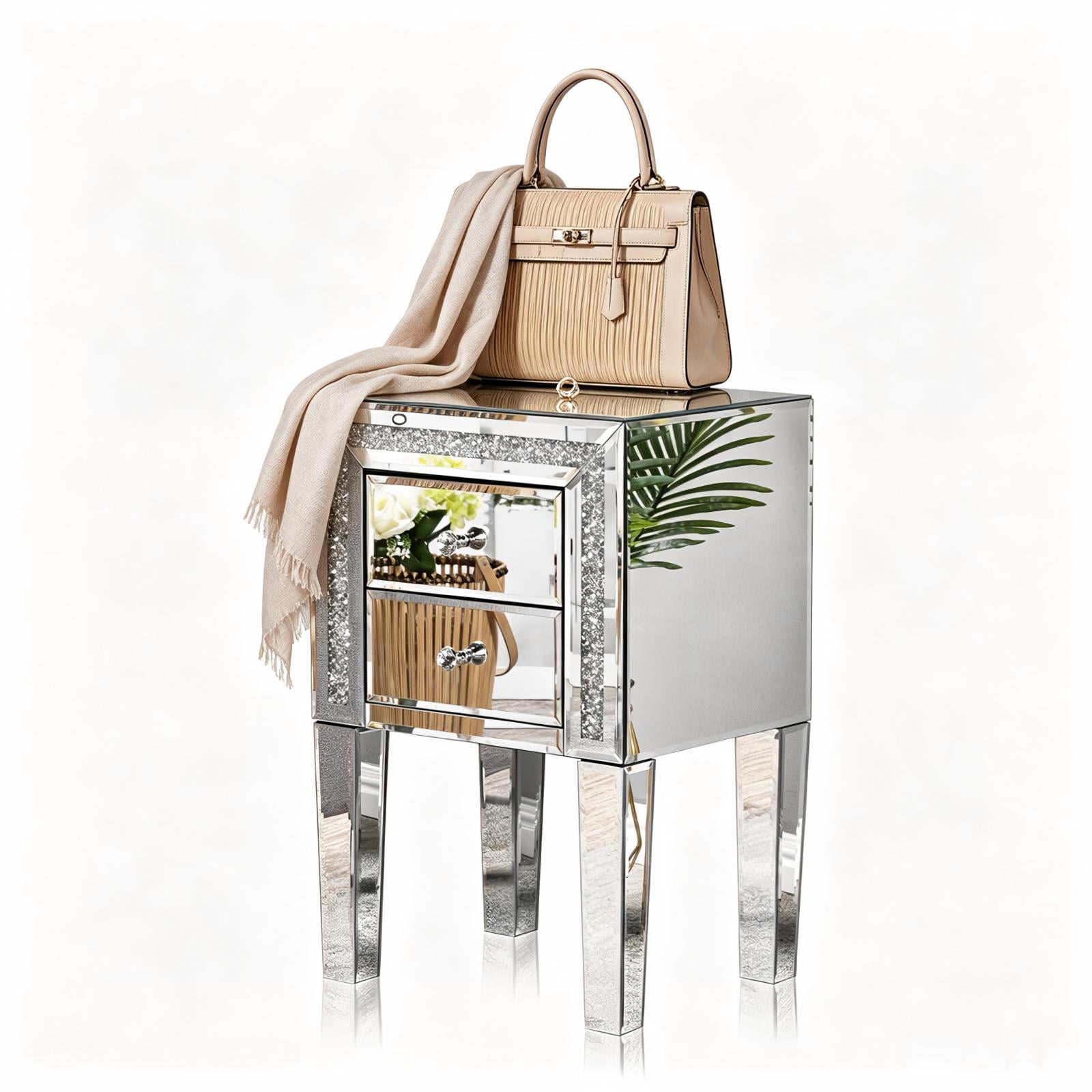 2-Drawer MDF Bedside Table with Mirror Finish, Silver, 16.2 x 13 x 24.8 in