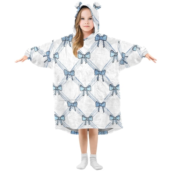 Diagonal Blue Stripes Bows Flannel Wearable Blankets Hooded Design Long Sleeves Wrap Unisex for 3T-14Y S