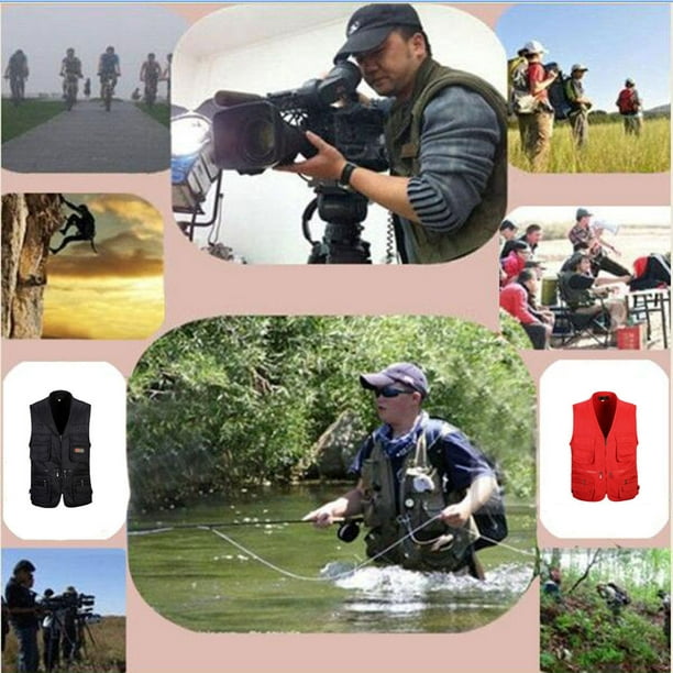 Men's Utility Multi Pocket Zip Hunting Jacket Multi Fishing Travel Hunting  Jacket Multi Pocket Outdoor Jacket Multi Pocket Vest Red XL 